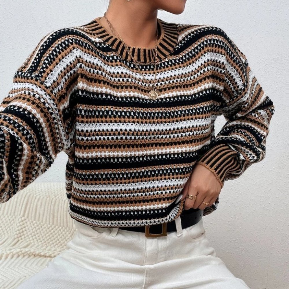 casual  striped lantern sleeve sweater top - Picture 5 of 7